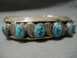 Thick Heavy Vintage Native American Navajo Turquoise Sterling Silver Leaf Bracelet Old-Nativo Arts