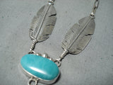 Impressive Navajo Native American Turquoise Sterling Silver Feathers Necklace-Nativo Arts