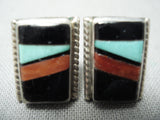 Intricate Vintage Native American Zuni Turquoise Coral Sterling Silver Earrings-Nativo Arts