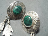Amazing Vintage Native American Navajo Malachite Sterling Silver Feather Earrings-Nativo Arts