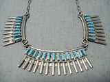 Jean Hattie Vintage Native American Zuni Turquoise Sterling Silver Needlepoint Necklace Old-Nativo Arts