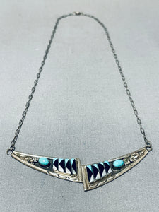 Impressive Native American Navajo Blue Gem Turquoise Jet Inlay Sterling Silver Necklace-Nativo Arts