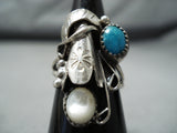 Elegant Vintage Native American Navajo Turquoise Mother Of Pearl Sterling Silver Ring Old-Nativo Arts