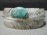 Native American Intricate!! Hand Carved Feather Royston Turquoise Sterling Silver Bracelet Cuff-Nativo Arts