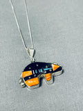 Fantastic Native American Navajo Signed Inlay Coral Jet Sterling Silver Bear Necklace-Nativo Arts