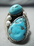 Rich Long Vintage Native American Navajo Kingman Turquoise Sterling Silver Ring Old-Nativo Arts