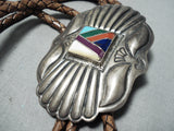 Rare Vintage Detailed Native American Navajo Turquoise Sterling Silver Inlay Bolo Tie-Nativo Arts