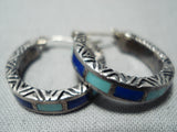 Intricate Vintage Native American Zuni Turquoise Lapis Sterling Silver Earrings Old-Nativo Arts