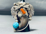 Powerful Huge Native American Navajo Turquoise Coral Sterling Silver Mens Ring-Nativo Arts