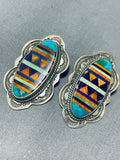 Meticulously Detailed Vintage Native American Navajo Inlay Turquoise Sterling Silver Earrings-Nativo Arts