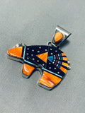 Dazzling Native American Navajo Signed Cosmic Inlay Coral Jet Sterling Silver Bear Pendant-Nativo Arts