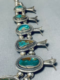 Chunky Vintage Native American Navajo Royston Turquoise Sterling Silver Squash Blossom Necklace-Nativo Arts