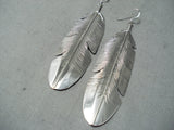 One Of The Longest Native American Navajo Sterling Silver Feather Earrings-Nativo Arts