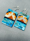 Native American Very Intricate Santo Domingo Turquoise Geometirc Sterling Silver Earrings-Nativo Arts