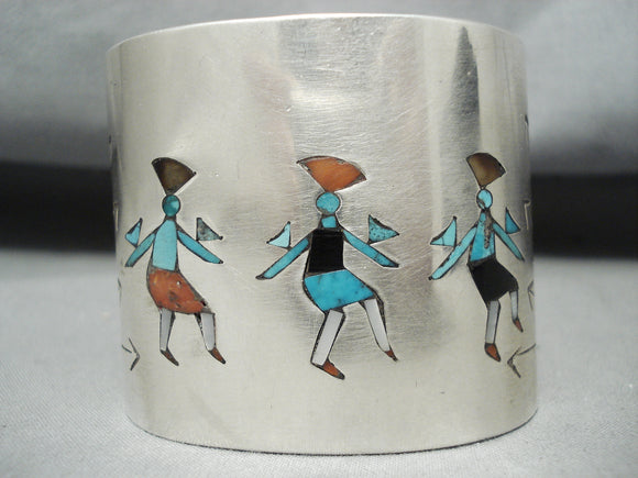 Native American Huge Vintage Navajo Dancing Kachina Turquoise Sterling Silver Bracelet-Nativo Arts