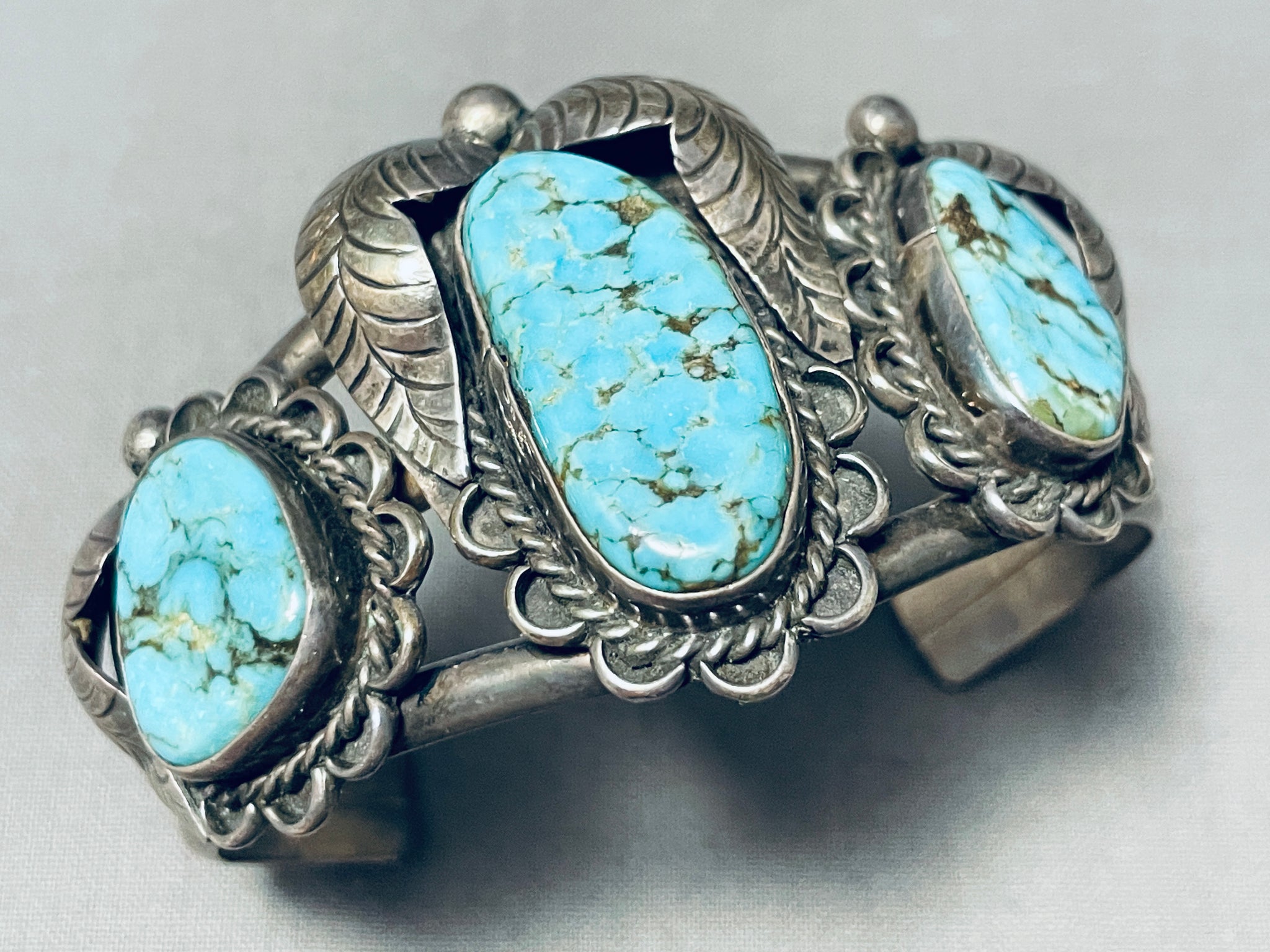 Vtg.Native sterling silver turquoise leaf sale cuff bracelet