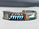 One Of The Most Intricate Vintage Native American Zuni Turquoise Inlay Sterling Silver Bracelet-Nativo Arts