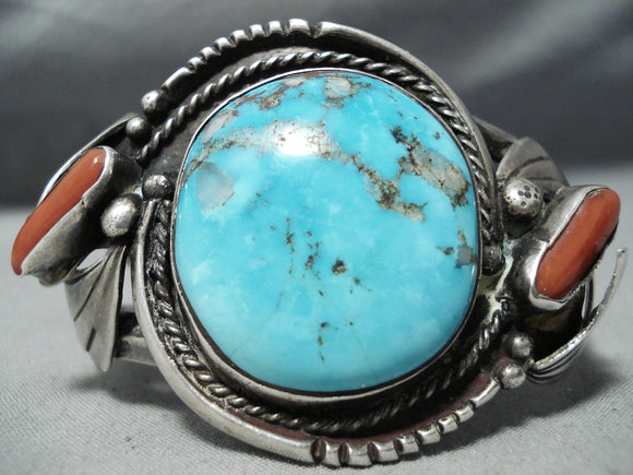One Of The Best Vintage Native American Navajo Morenci Turquoise Coral Sterling Silver Bracelet-Nativo Arts