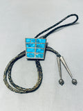 Native American 50 + Year Old Seasoned Vintage Zuni Turquoise Inlay Sterling Silver Bolo Tie-Nativo Arts