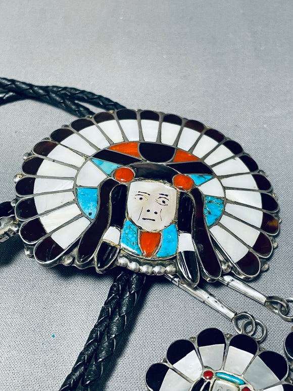 One Of The Largest Best Mens Vintage Native American Zuni Turquoise Sterling Silver Bolo Tie-Nativo Arts