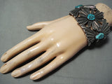 Heavy Signed Vintage Native American Navajo Starburst Sterling Silver Turquoise Bracelet-Nativo Arts