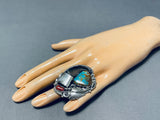 Huge Mens Native American Navajo Turquoisebear Sterling Silver Coral Ring-Nativo Arts
