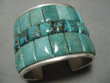 Native American One Of The Best Green Turquoise Inlay Sterling Silver Heavy Cuff Bracelet!-Nativo Arts