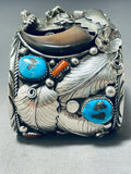 Big Mens Native American Navajo Turquoise Coral Sterling Silver Bear Bracelet-Nativo Arts