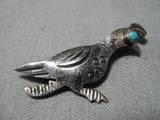 Whimsical Vintage Native American Navajo Turquoise Sterling Silver Roadrunner Pin Old-Nativo Arts