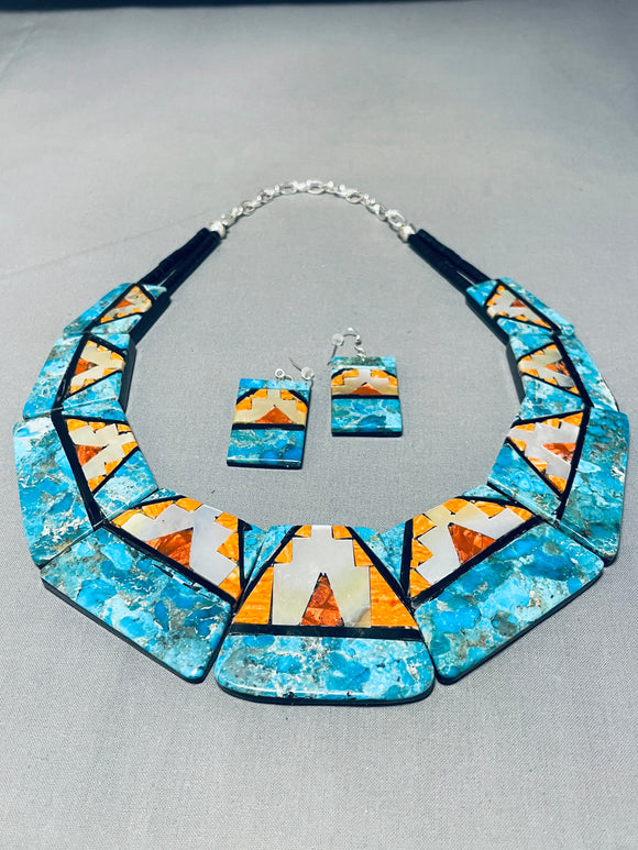 One Of Most Intricate Turquoise Inlay Native American Sterling Silver Necklace-Nativo Arts
