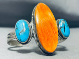 Very Unique Vintage Native American Navajo Turquoise Orange Shell Sterling Silver Bracelet-Nativo Arts