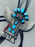 Huge 4 Inch Long Vintage Native American Navajo Kachina Turquoise Sterling Silver Bolo Tie-Nativo Arts