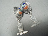 Native American Detailed Vintage Turquoise Inlay Cowboy Spur Sterling Silver Earrings-Nativo Arts