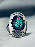 Fabulous Vintage Native American Navajo Signed Blue Gem Turquoise Sterling Silver Ring-Nativo Arts
