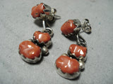 Native American Authentic Alice Quam Chunky Coral Vintage Zuni Sterling Silver Earrings-Nativo Arts