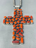 Arnold Yazzie Xxl Vintage Native American Navajo Coral Sterling Silver Cross Necklace-Nativo Arts