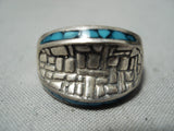 Unique Vintage Native American Navajo Turquoise Brick Wall Sterling Silver Ring Old-Nativo Arts