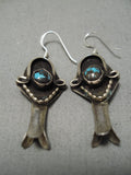 Important Vintage Native American Navajo Bisbee Turquoise Sterling Silver Earrings Old-Nativo Arts