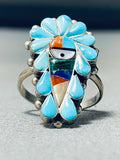 Dancing Chief Kachina Vintage Native American Zuni Turquoise Inlay Sterling Silver Ring-Nativo Arts