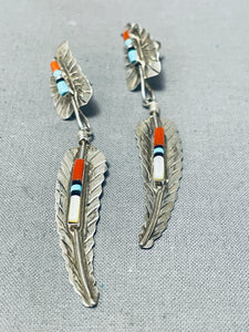 Wonderful Vintage Native American Navajo Coral Sterling Silver Feather Earrings-Nativo Arts