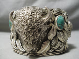 Heavy Huge Buffalo Native American Navajo Turquoise Sterling Silver Leaf Bracelet-Nativo Arts