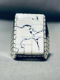 Heavy Mens Native American Navajo White Buffalo Turquoise Inlay Sterling Silver Ring-Nativo Arts