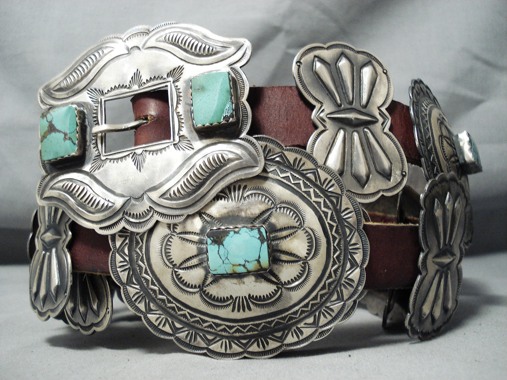 Belt - Vintage Silver Square Conchos with Turquoise - Long Ago & Far Away