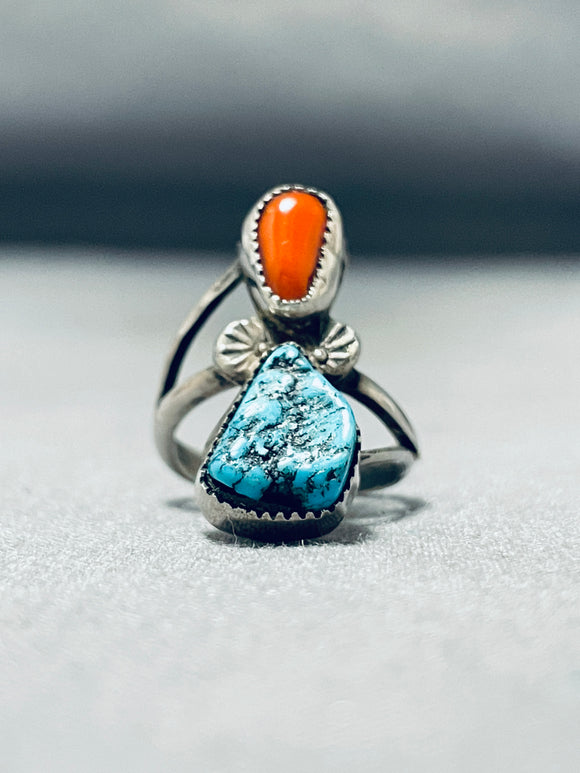 Striking Vintage Native American Navajo Morenci Turquoise Coral Sterling Silver Ring-Nativo Arts