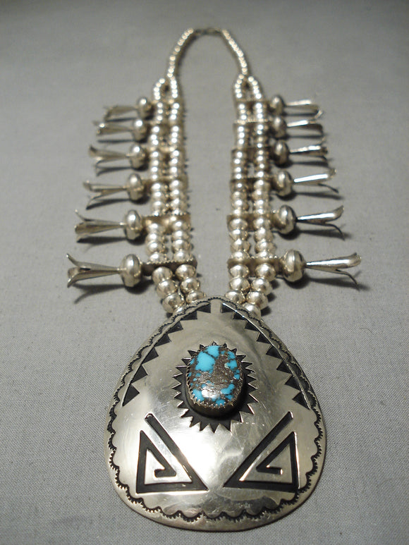 Last Chance Turquoise Vintage Native American Navajo Sterling Silver Squash Blossom Necklace-Nativo Arts