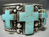 Important Native American Navajo Turquoise Christian Cross Sterling Silver Bracelet Heavy-Nativo Arts