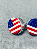 Famous Inlayer Native American Navajo Coral Inlay Sterling Silver American Flag Earrings-Nativo Arts