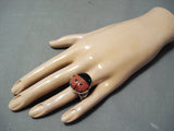 Marvelous Native American Navajo Coral Jet Turquoise Sterling Silver Ladybug Ring-Nativo Arts