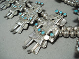 Signed Women's Vintage Native American Navajo Turquoise Sterling Silver Squash Blossom Necklace-Nativo Arts