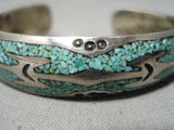 Detailed Vintage Native American Navajo Turquoise Inlay Sterling Silver Bracelet Old-Nativo Arts